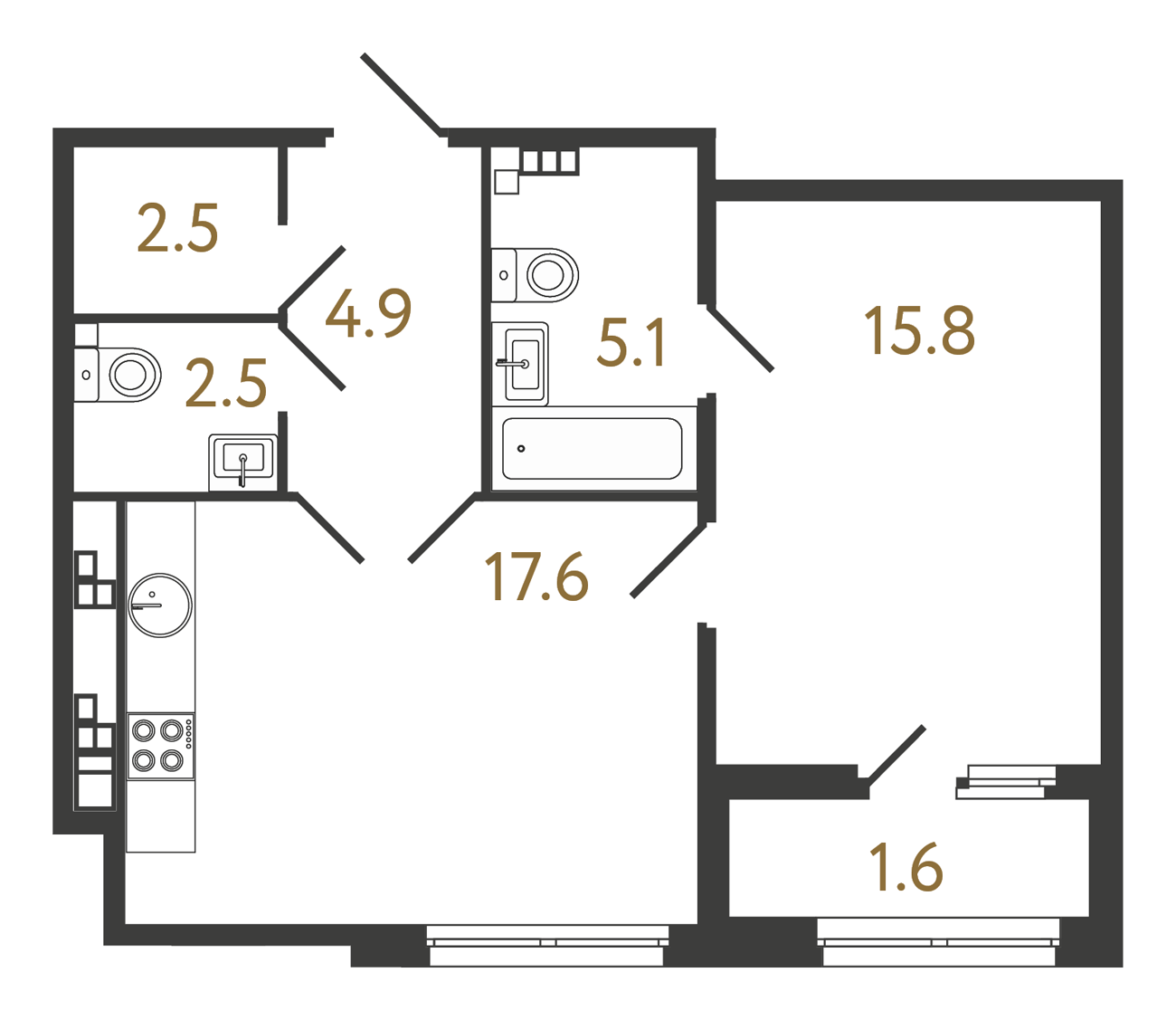 1-комнатная квартира №149 в Миръ 1-й корпус: 48.4 м², этаж 4 - купить в Санкт-Петербурге