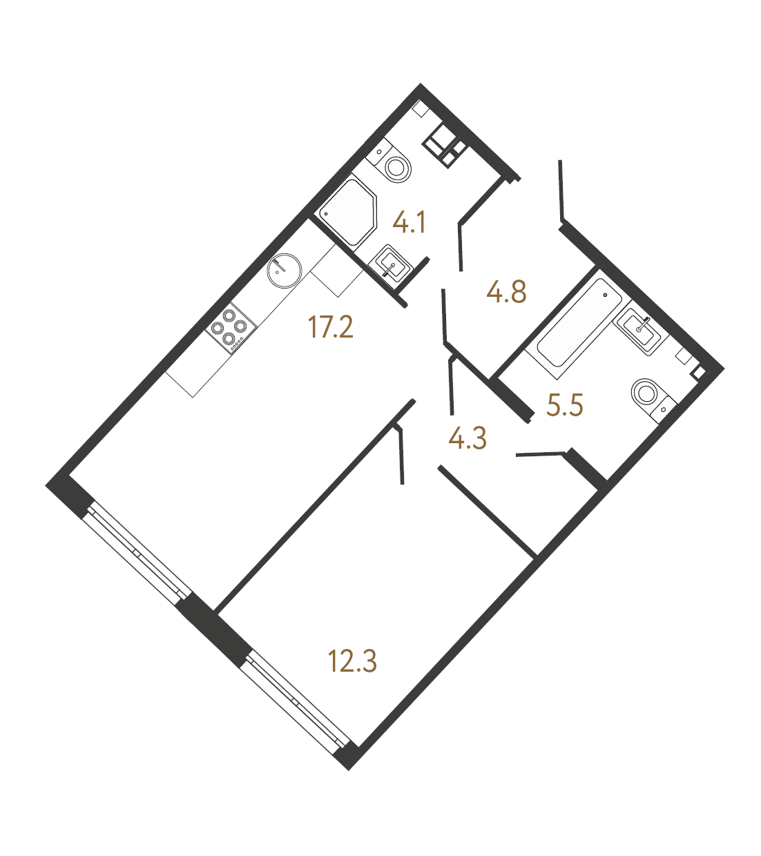 1-комнатная квартира №207 в Миръ 1-й корпус: 48.5 м², этаж 3 - купить в Санкт-Петербурге