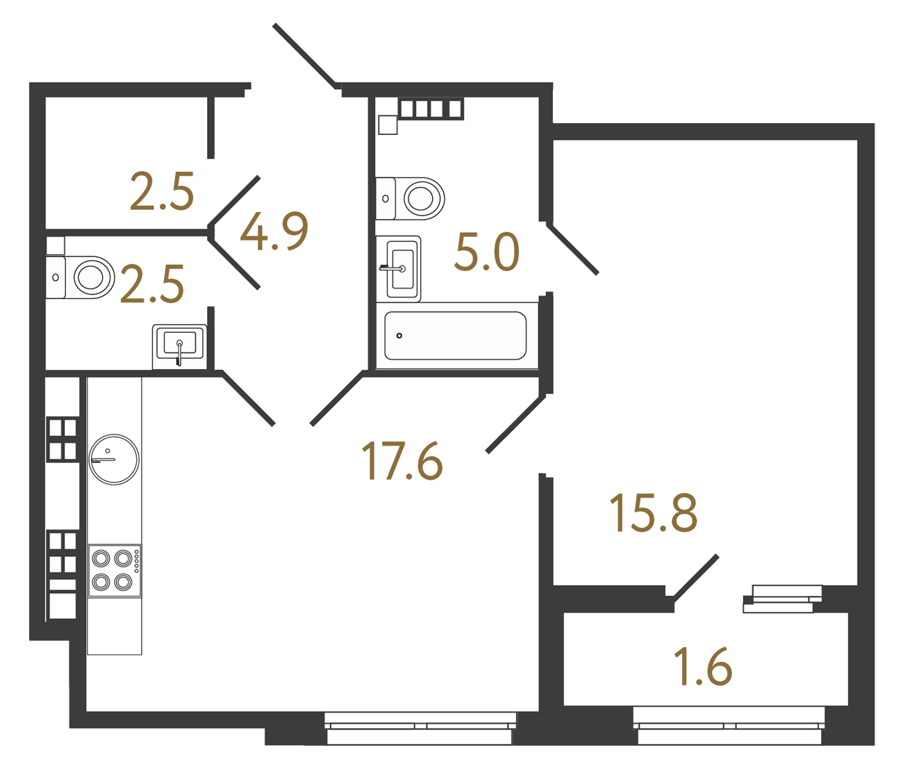 1-комнатная квартира №156 в Миръ 1-й корпус: 48.3 м², этаж 5 - купить в Санкт-Петербурге