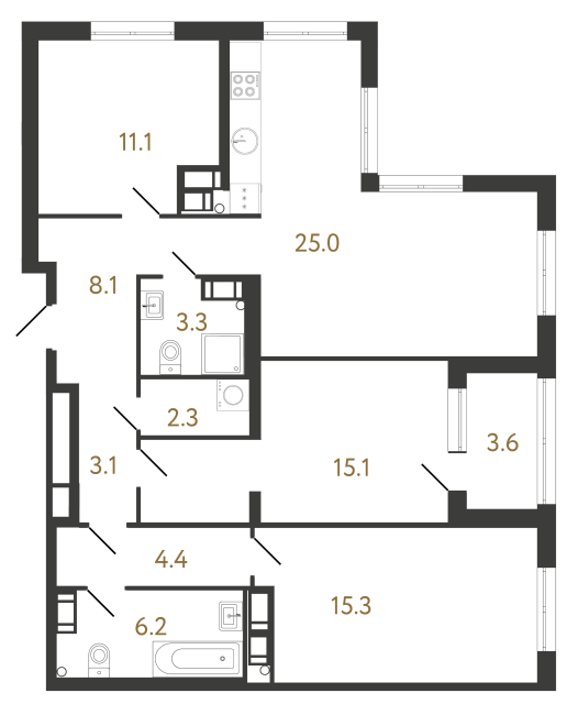 3-комнатная квартира №164 в Струны I 1-й корпус: 93.9 м², этаж 23 - купить в Санкт-Петербурге