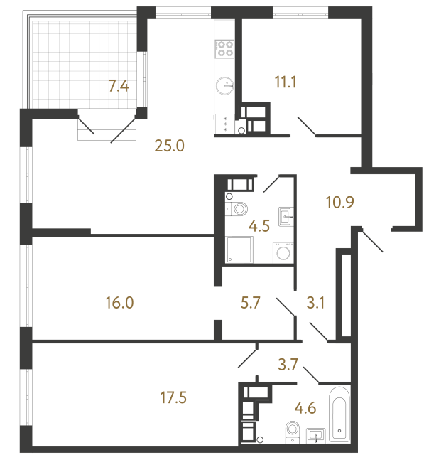 3-комнатная квартира №163 в Струны I 1-й корпус: 102.1 м², этаж 22 - купить в Санкт-Петербурге