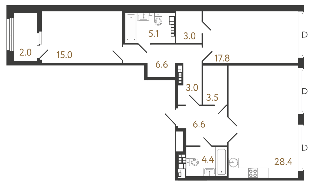 2-комнатная квартира №79 в Миръ 1-й корпус: 93.4 м², этаж 6 - купить в Санкт-Петербурге