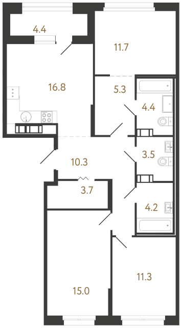 3-комнатная квартира №100 в Куинджи: 86.2 м², этаж 5 - купить в Санкт-Петербурге