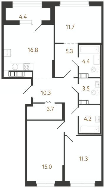3-комнатная квартира №106 в Куинджи: 86.2 м², этаж 8 - купить в Санкт-Петербурге