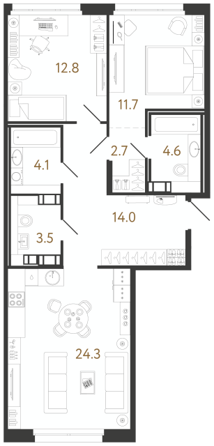 2-комнатная квартира №70 в Куинджи: 77.7 м², этаж 11 - купить в Санкт-Петербурге