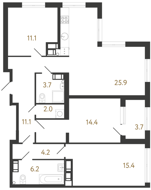3-комнатная квартира №565 в Струны I 4-й корпус: 94 м², этаж 23 - купить в Санкт-Петербурге