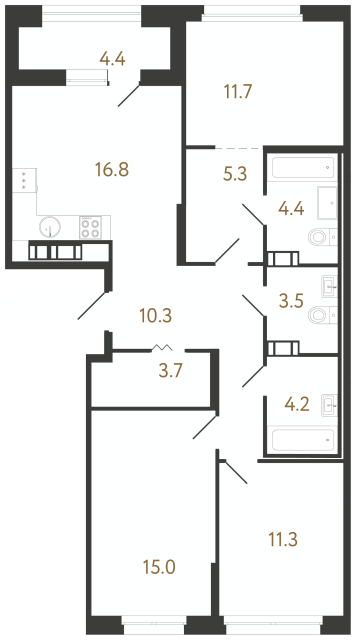 3-комнатная квартира №116 в Куинджи: 86.2 м², этаж 13 - купить в Санкт-Петербурге