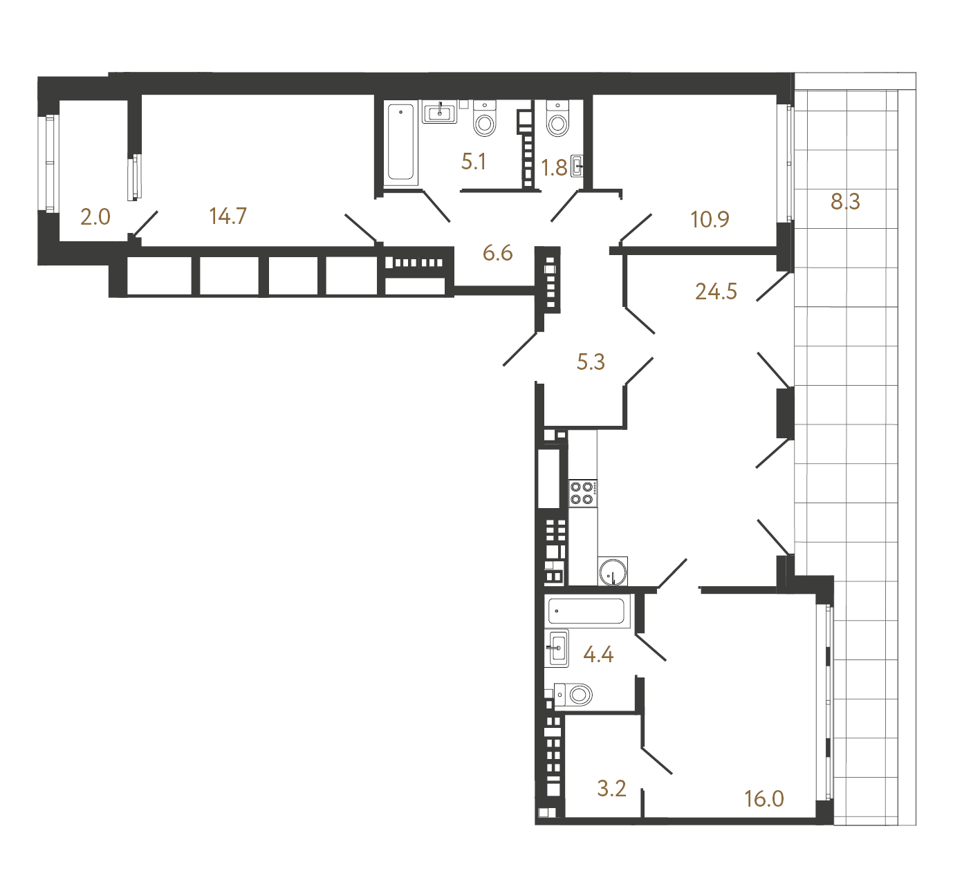 3-комнатная квартира №85 в Миръ 1-й корпус: 92.5 м², этаж 8 - купить в Санкт-Петербурге