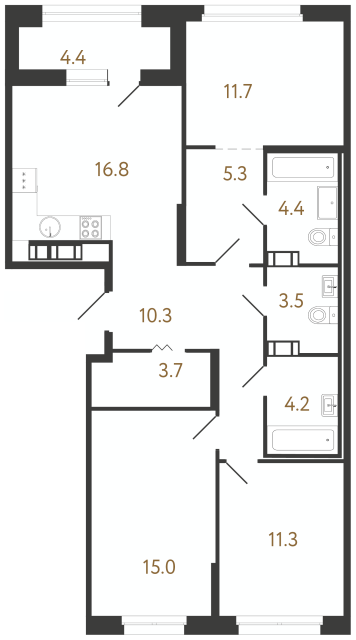 3-комнатная квартира №108 в Куинджи: 86.2 м², этаж 9 - купить в Санкт-Петербурге