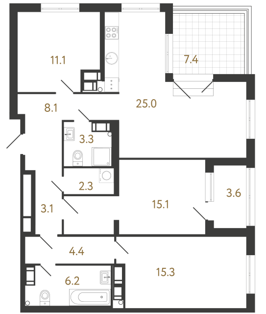 3-комнатная квартира №160 в Струны I 1-й корпус: 93.9 м², этаж 22 - купить в Санкт-Петербурге