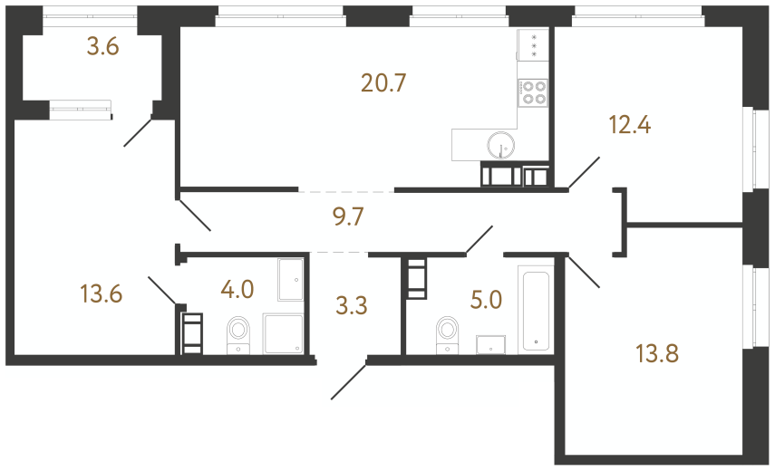 3-комнатная квартира №89 в Куинджи: 82.5 м², этаж 13 - купить в Санкт-Петербурге