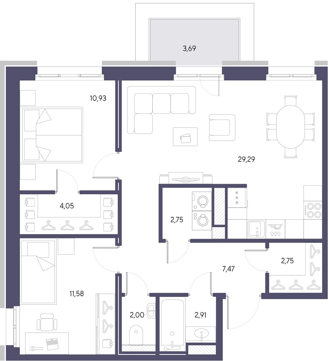 2-комнатная квартира №264 в Черная речка, 41: 73.73 м², этаж 9 - купить в Санкт-Петербурге