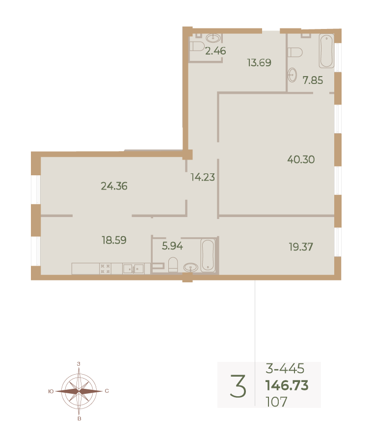 3-комнатная квартира №107 в Neva Haus 3-й корпус: 147 м², этаж 4 - купить в Санкт-Петербурге