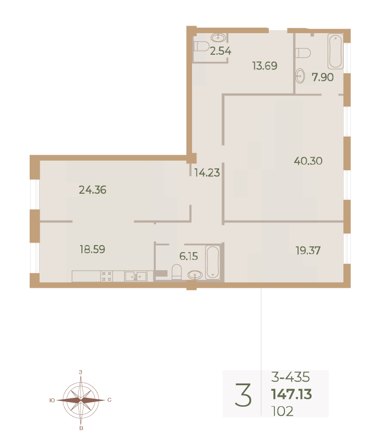 3-комнатная квартира №102 в Neva Haus 3-й корпус: 147.2 м², этаж 3 - купить в Санкт-Петербурге