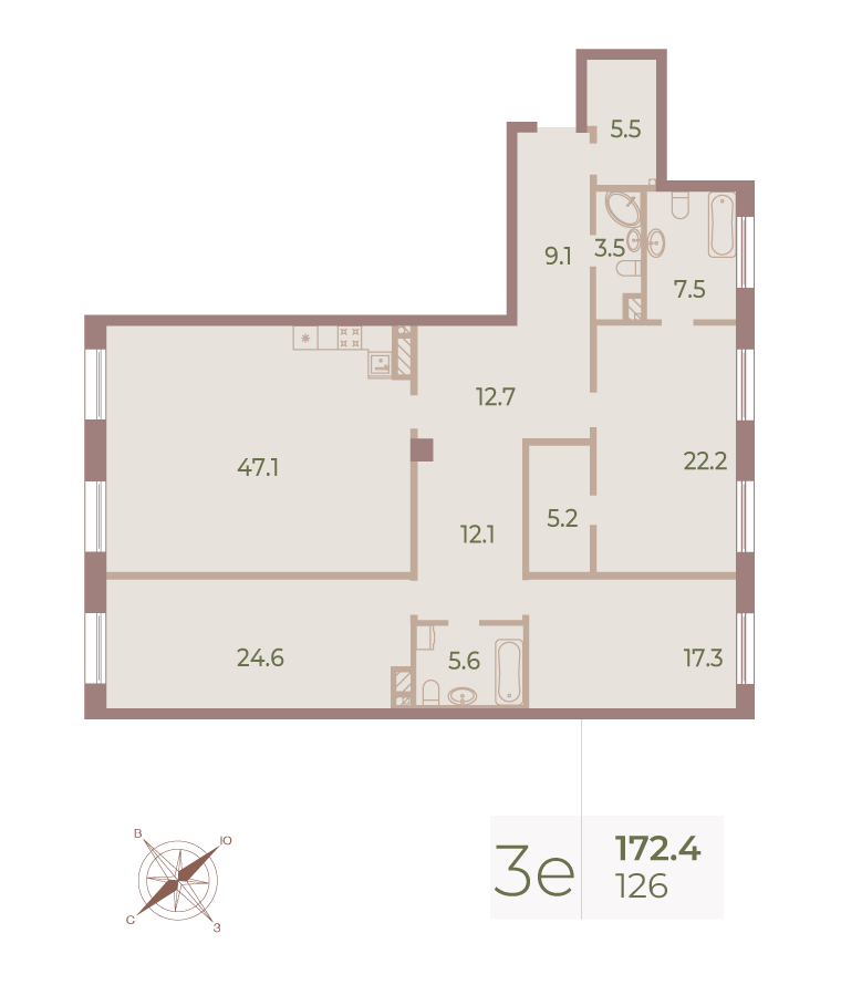 3-комнатная квартира №126 в Neva Haus 6-й корпус: 172.4 м², этаж 7 - купить в Санкт-Петербурге