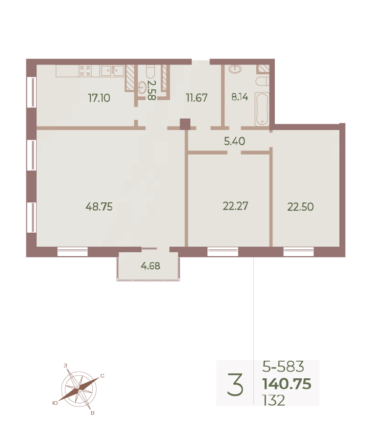 3-комнатная квартира №132 в Neva Haus 5-й корпус: 140.9 м², этаж 8 - купить в Санкт-Петербурге