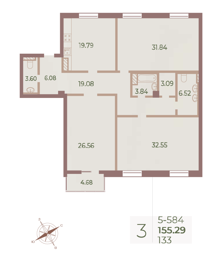 3-комнатная квартира №133 в Neva Haus 5-й корпус: 155.8 м², этаж 8 - купить в Санкт-Петербурге