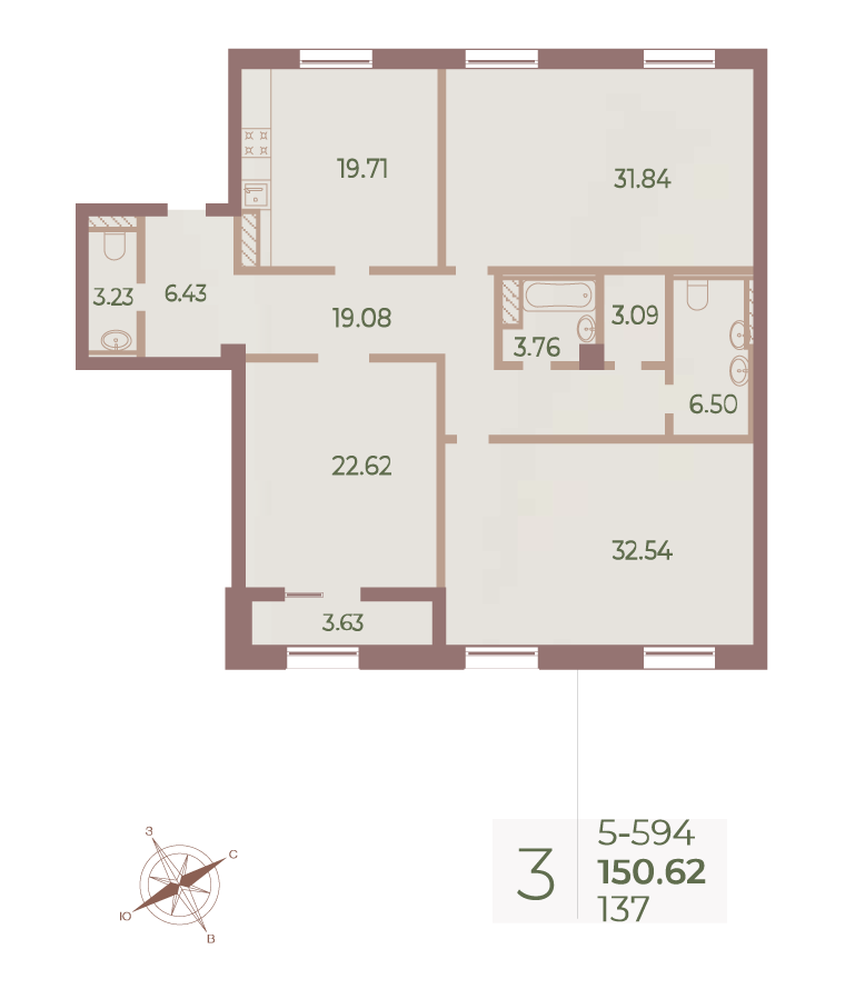 3-комнатная квартира №137 в Neva Haus 5-й корпус: 150.8 м², этаж 9 - купить в Санкт-Петербурге