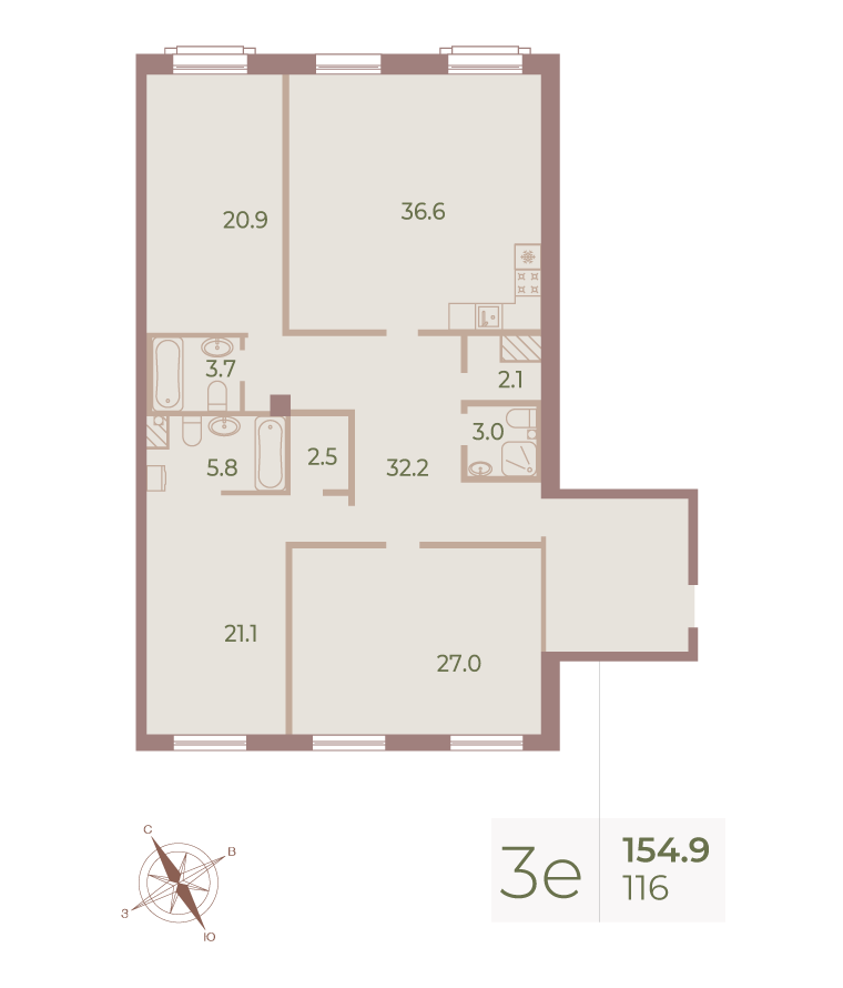 3-комнатная квартира №116 в Neva Haus 7-й корпус: 155.7 м², этаж 5 - купить в Санкт-Петербурге
