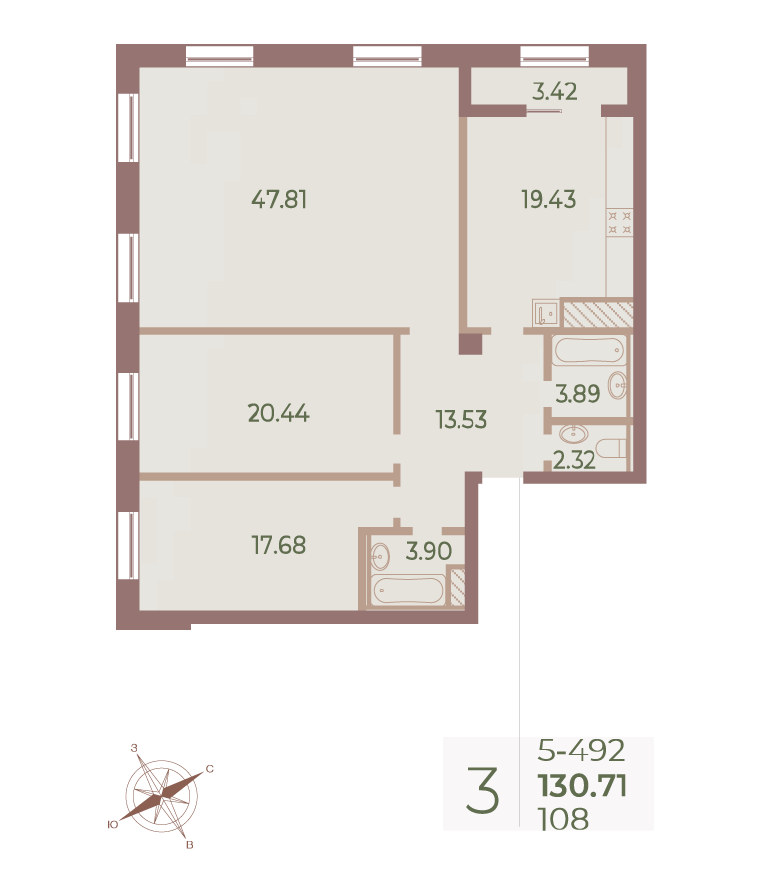 3-комнатная квартира №108 в Neva Haus 5-й корпус: 129.8 м², этаж 9 - купить в Санкт-Петербурге