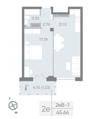 1-комнатная квартира №41 в Neva Residence 2-й корпус: 45.64 м², этаж 8 - купить в Санкт-Петербурге