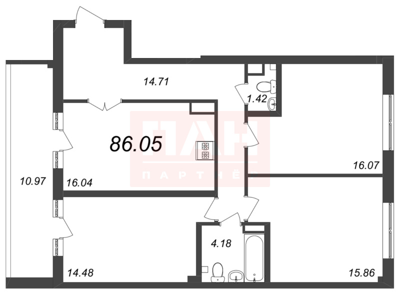 3-комнатная квартира №316 в Neva Residence 3-й корпус: 86.05 м², этаж 8 - купить в Санкт-Петербурге