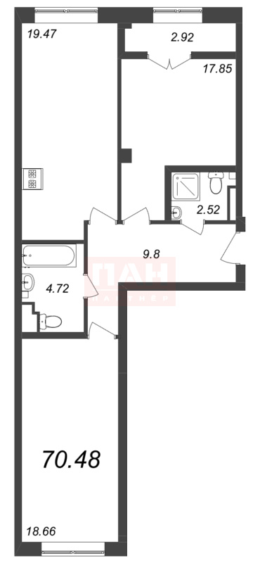2-комнатная квартира №308 в Neva Residence 3-й корпус: 70.48 м², этаж 7 - купить в Санкт-Петербурге