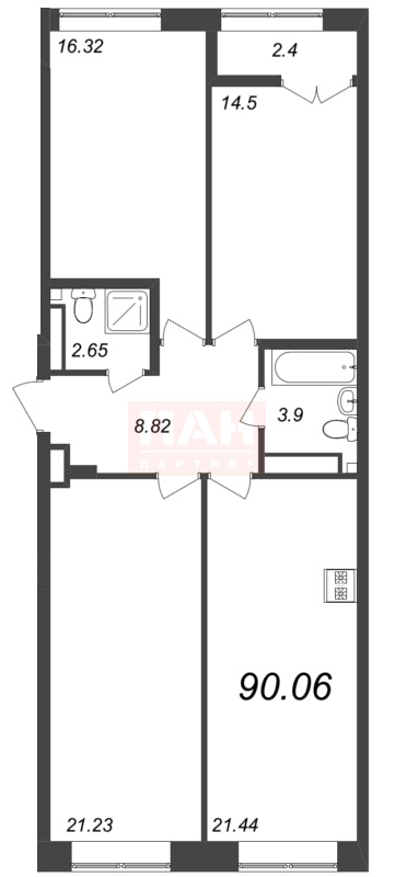 3-комнатная квартира №272 в Neva Residence 3-й корпус: 90.06 м², этаж 7 - купить в Санкт-Петербурге