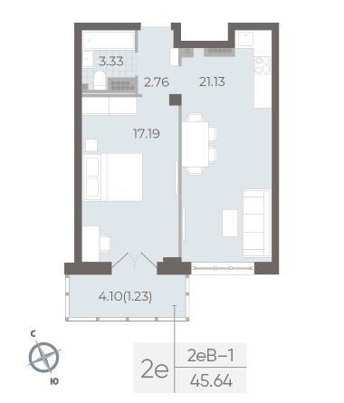 1-комнатная квартира №26 в Neva Residence 2-й корпус: 45.64 м², этаж 5 - купить в Санкт-Петербурге