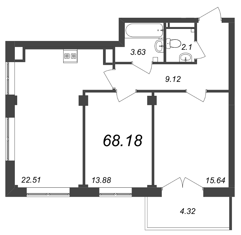 2-комнатная квартира №39 в Neva Residence 1-й корпус: 68.18 м², этаж 8 - купить в Санкт-Петербурге