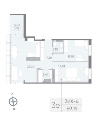 2-комнатная квартира №177 в Neva Residence 2-й корпус: 69.19 м², этаж 8 - купить в Санкт-Петербурге
