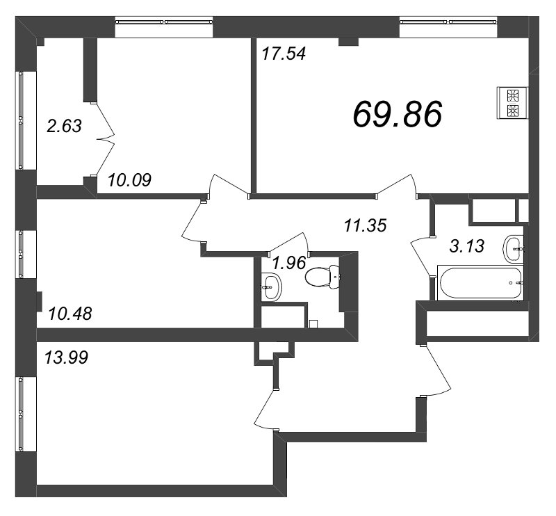 3-комнатная квартира №38 в Neva Residence 1-й корпус: 69.86 м², этаж 8 - купить в Санкт-Петербурге