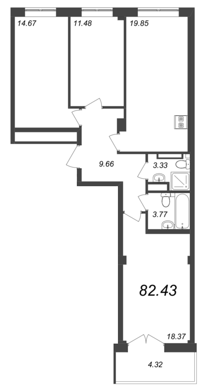 3-комнатная квартира №42 в Neva Residence 1-й корпус: 82.43 м², этаж 8 - купить в Санкт-Петербурге