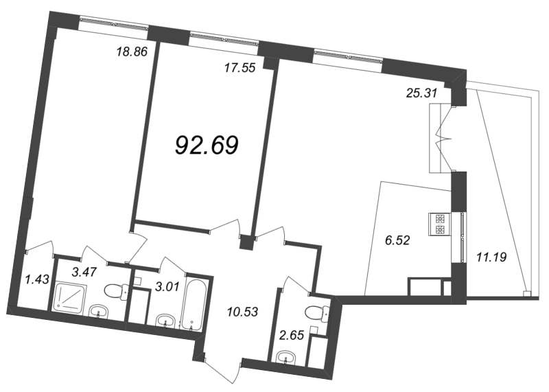 2-комнатная квартира №72 в Neva Residence 1-й корпус: 92.69 м², этаж 8 - купить в Санкт-Петербурге