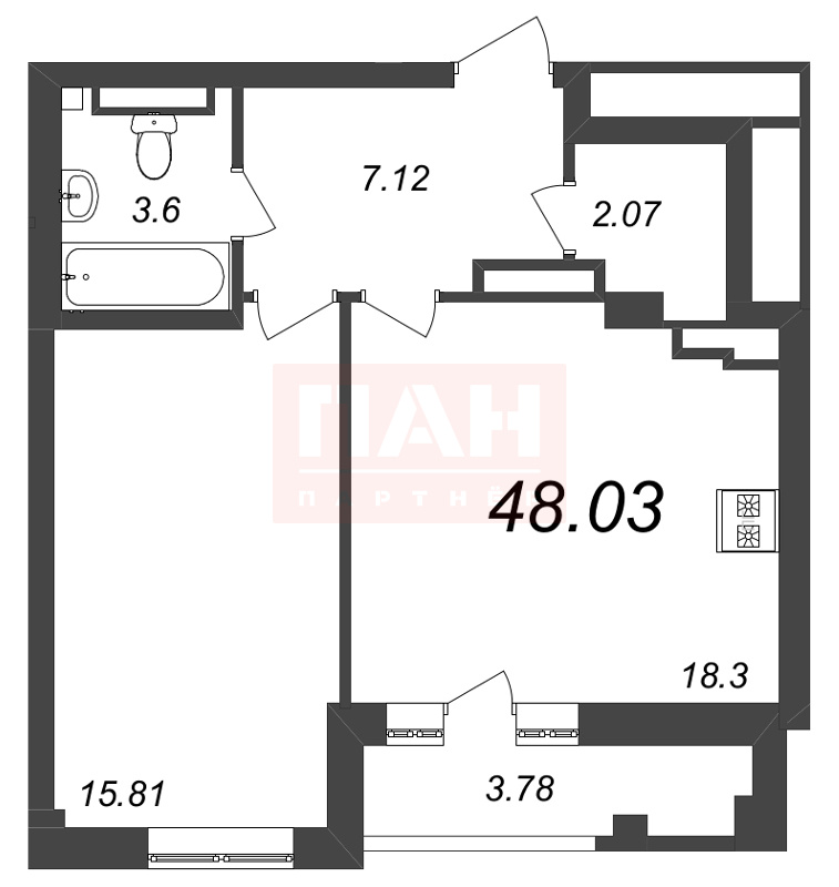 1-комнатная квартира №315 в Neva Residence 3-й корпус: 48.03 м², этаж 8 - купить в Санкт-Петербурге