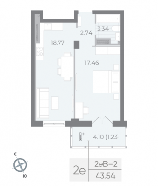 1-комнатная квартира №42 в Neva Residence 2-й корпус: 43.54 м², этаж 8 - купить в Санкт-Петербурге