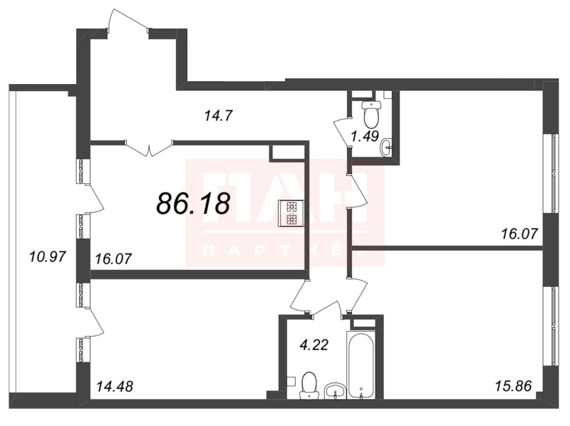 3-комнатная квартира №304 в Neva Residence 3-й корпус: 86.18 м², этаж 6 - купить в Санкт-Петербурге