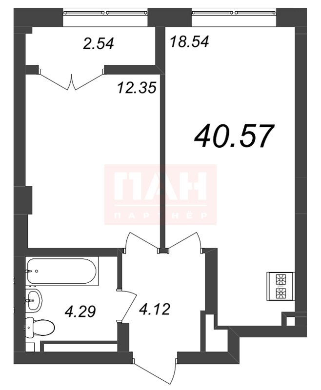 1-комнатная квартира №57 в Neva Residence 3-й корпус: 40.57 м², этаж 7 - купить в Санкт-Петербурге