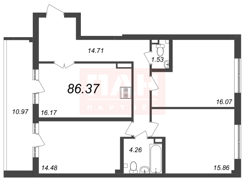 3-комнатная квартира №298 в Neva Residence 3-й корпус: 86.37 м², этаж 5 - купить в Санкт-Петербурге