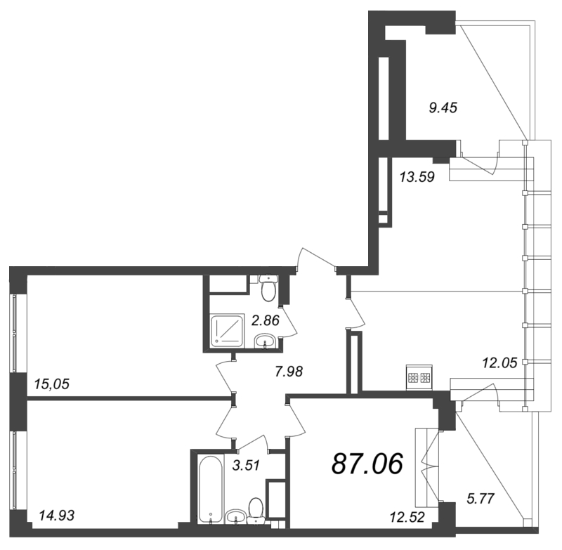 3-комнатная квартира №92 в Neva Residence 1-й корпус: 87.06 м², этаж 8 - купить в Санкт-Петербурге