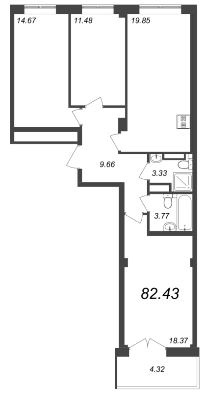 3-комнатная квартира №37 в Neva Residence 1-й корпус: 82.43 м², этаж 7 - купить в Санкт-Петербурге