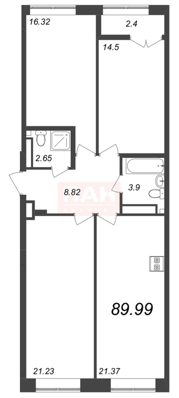 3-комнатная квартира №276 в Neva Residence 3-й корпус: 89.99 м², этаж 8 - купить в Санкт-Петербурге