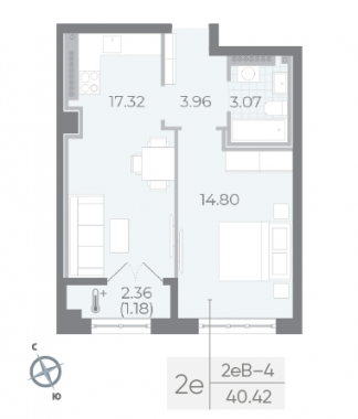 1-комнатная квартира №82 в Neva Residence 2-й корпус: 40.33 м², этаж 8 - купить в Санкт-Петербурге