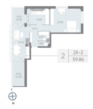 1-комнатная квартира №176 в Neva Residence 2-й корпус: 59.86 м², этаж 8 - купить в Санкт-Петербурге