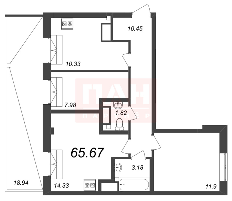 3-комнатная квартира №106 в Neva Residence 3-й корпус: 65.67 м², этаж 8 - купить в Санкт-Петербурге