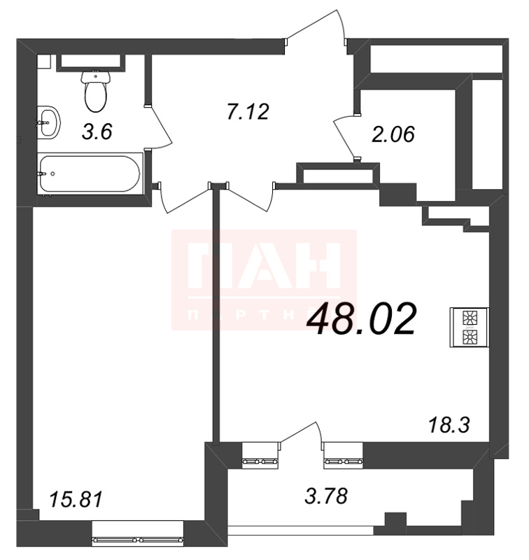1-комнатная квартира №309 в Neva Residence 3-й корпус: 48.02 м², этаж 7 - купить в Санкт-Петербурге