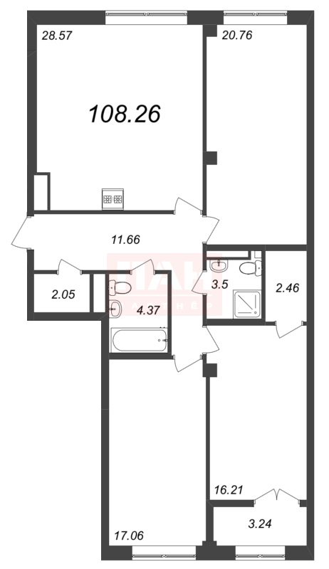 3-комнатная квартира №241 в Neva Residence 3-й корпус: 108.26 м², этаж 7 - купить в Санкт-Петербурге