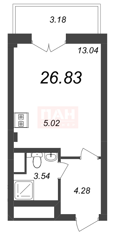 1-комнатная квартира №64 в Neva Residence 3-й корпус: 26.83 м², этаж 8 - купить в Санкт-Петербурге