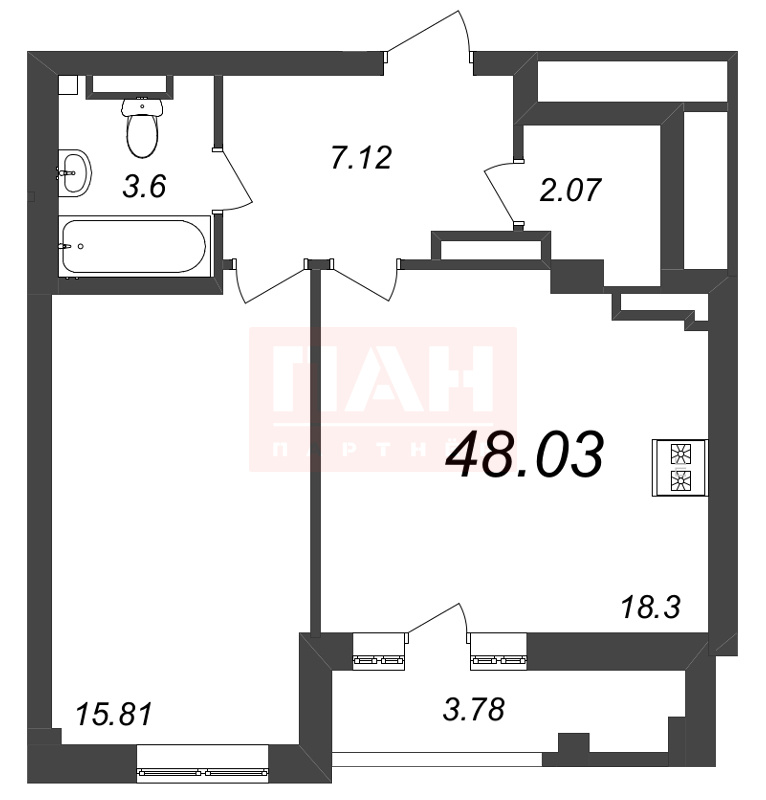 1-комнатная квартира №303 в Neva Residence 3-й корпус: 48.03 м², этаж 6 - купить в Санкт-Петербурге