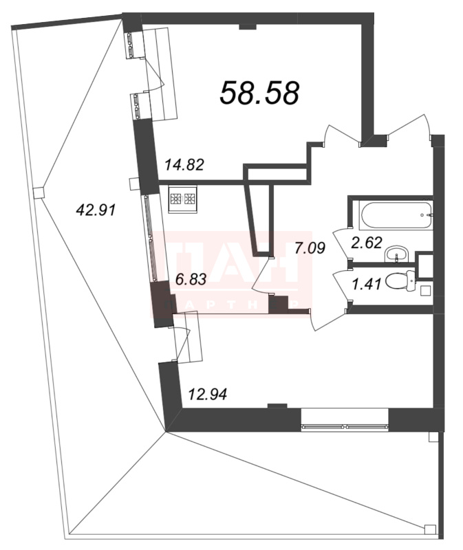 1-комнатная квартира №203 в Neva Residence 3-й корпус: 58.58 м², этаж 7 - купить в Санкт-Петербурге